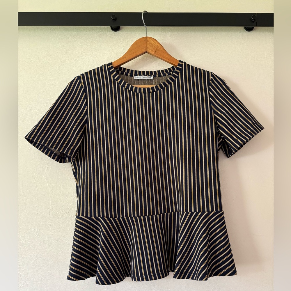 Zara Peplum Short Sleeve Top - Navy and Gold (Size Medium)